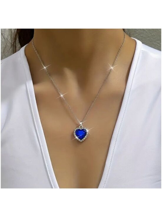 unbranded Jewelry - Heart-Shaped Bright Blue Crystal Pendant Necklace With Rhinestones & Silver Tone